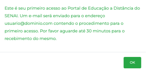 Janela com informativo de instruções para criar uma senha de primeiro acesso